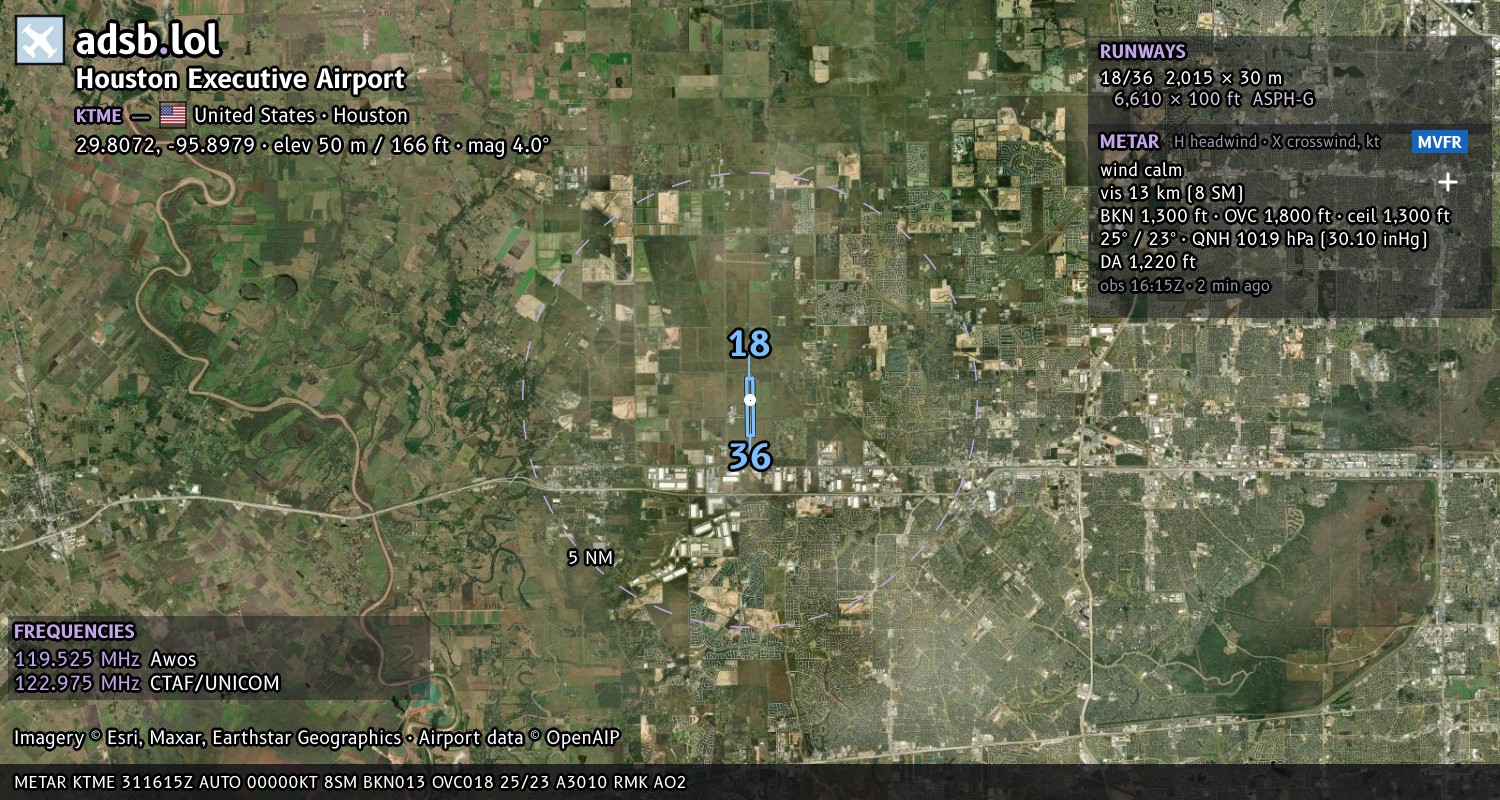 Satellite map with the runway layout of Houston Executive Airport (KTME)