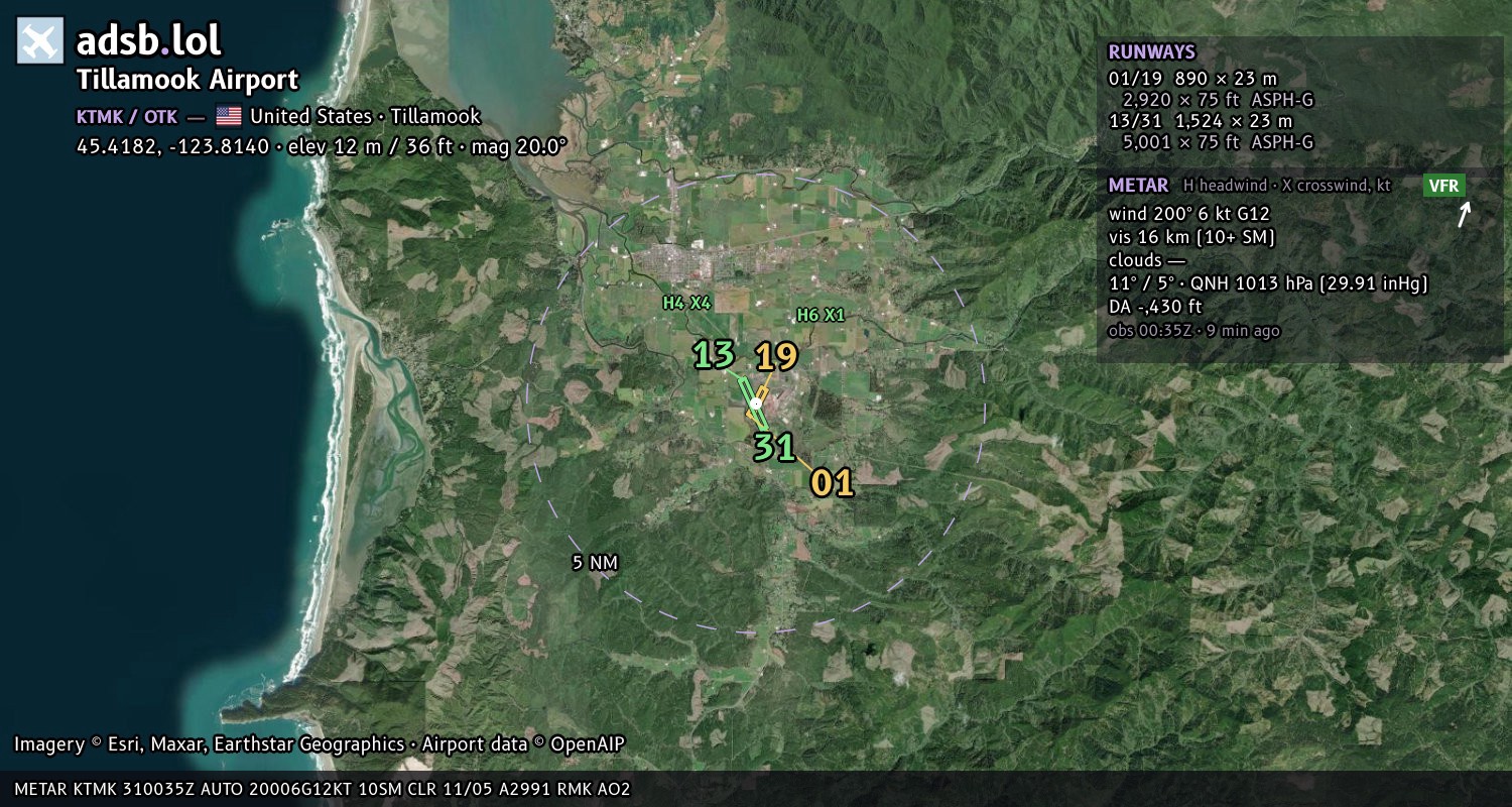 Satellite map with the runway layout of Tillamook Airport (KTMK)
