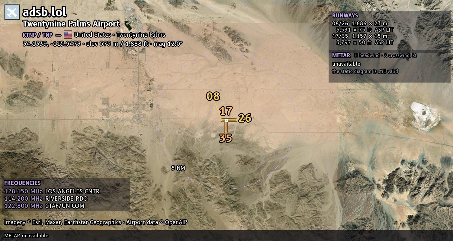 Satellite map with the runway layout of Twentynine Palms Airport (KTNP)