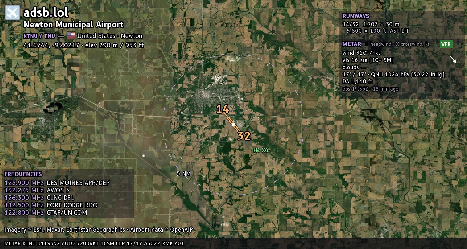 Satellite map with the runway layout of Newton Municipal Airport (KTNU)