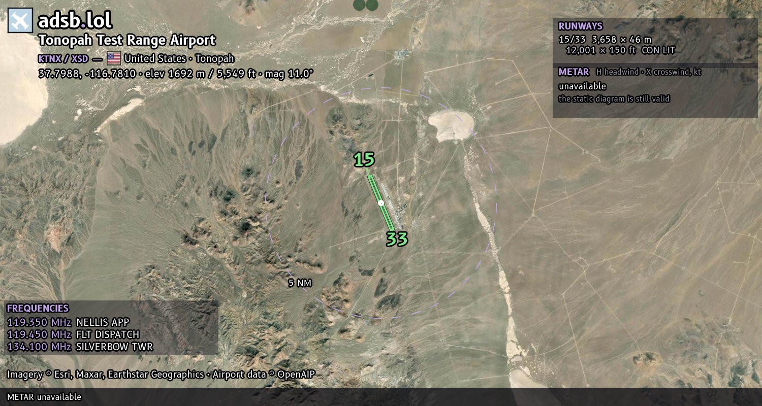 Satellite map with the runway layout of Tonopah Test Range Airport (KTNX)