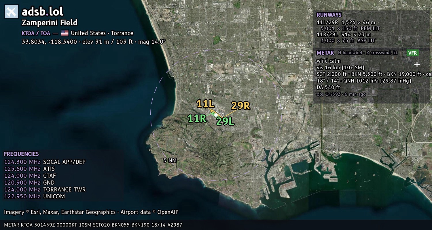 Satellite map with the runway layout of Zamperini Field (KTOA)
