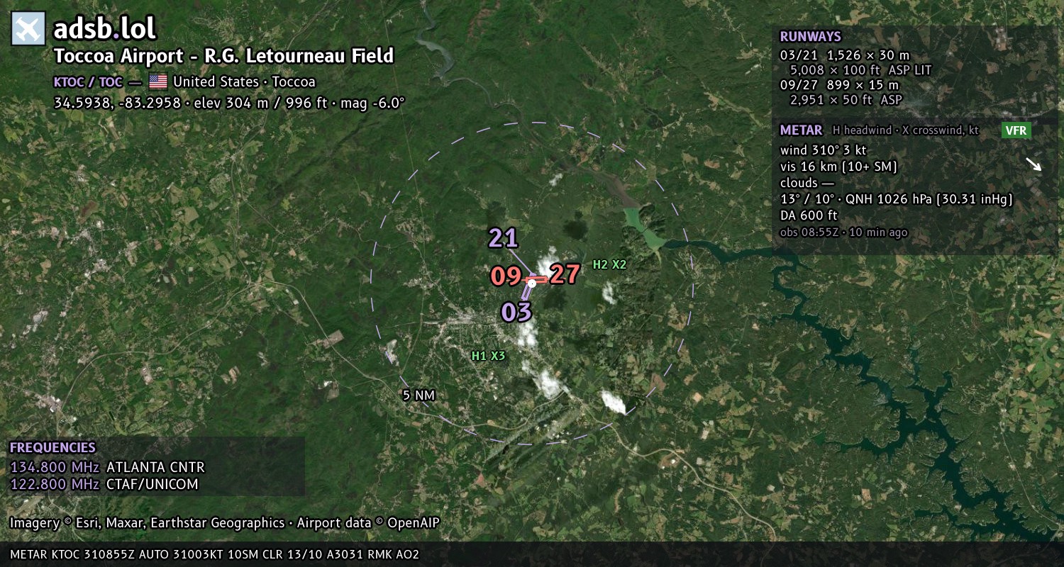 Satellite map with the runway layout of Toccoa Airport - R.G. Letourneau Field (KTOC)
