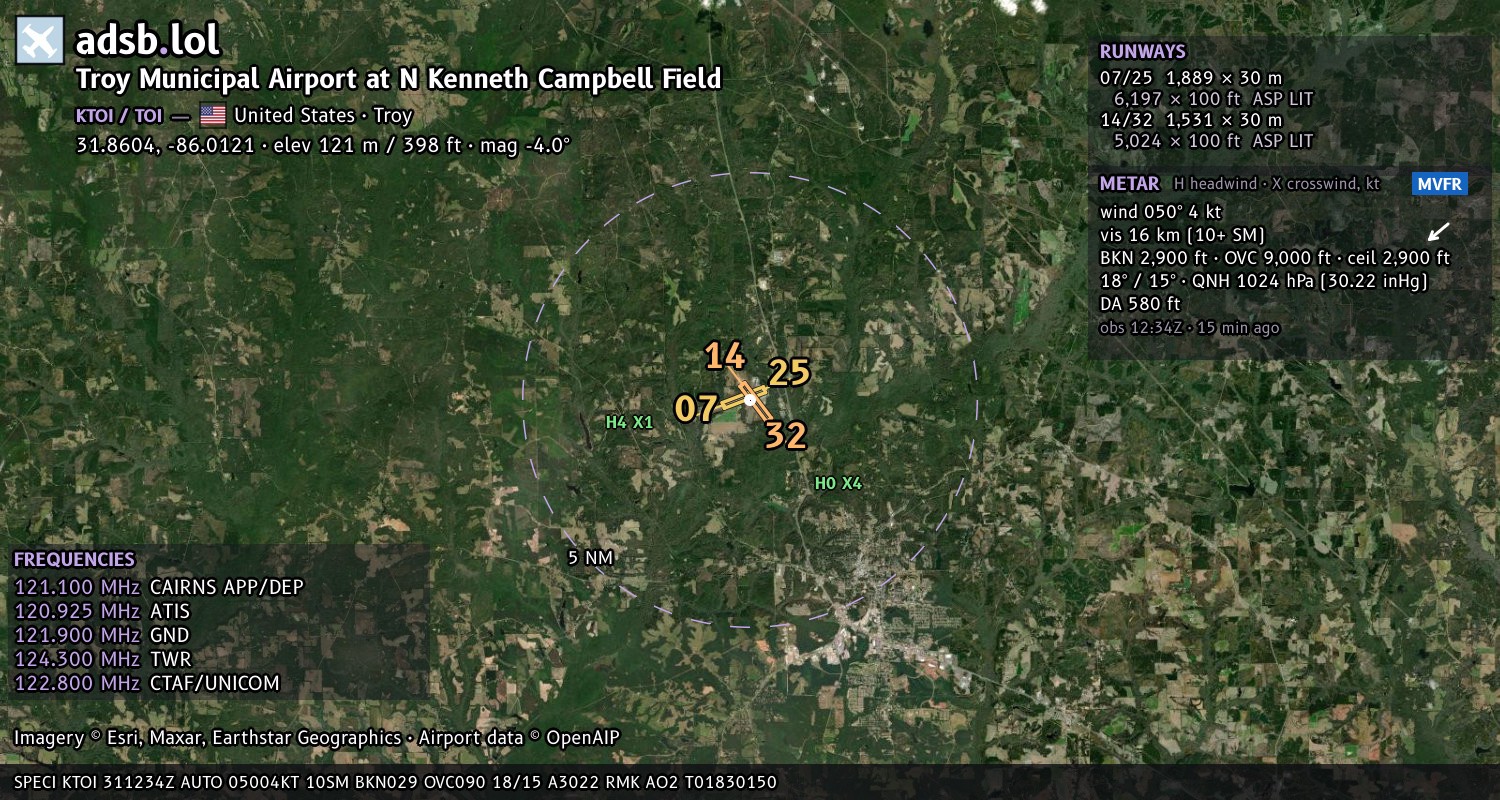 Satellite map with the runway layout of Troy Municipal Airport at N Kenneth Campbell Field (KTOI)