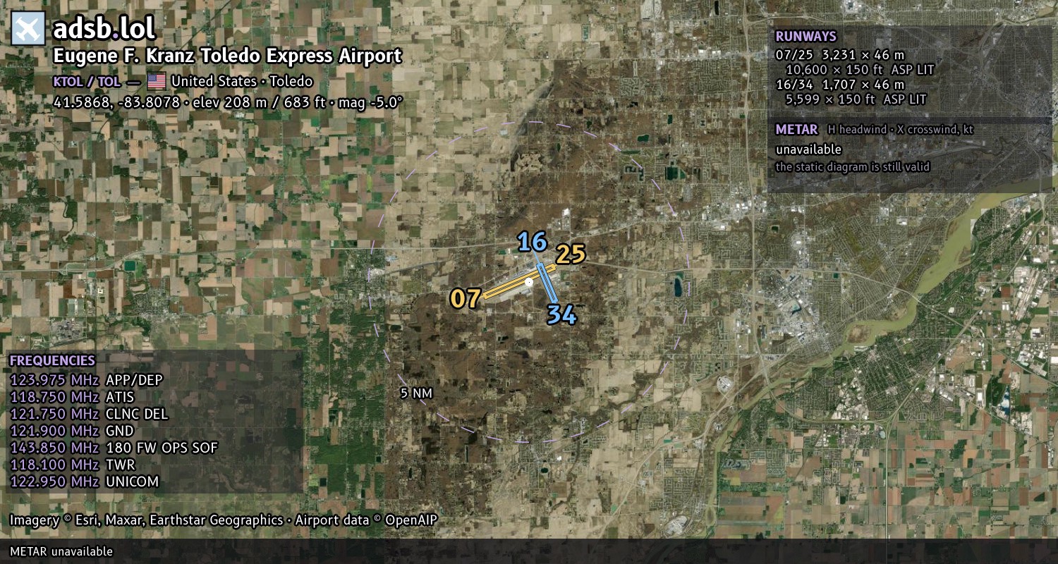 Satellite map with the runway layout of Eugene F. Kranz Toledo Express Airport (KTOL)