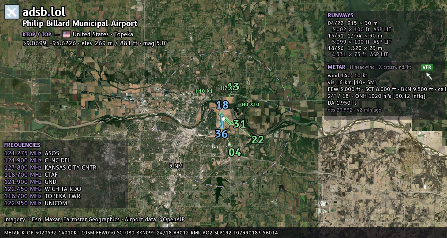Satellite map with the runway layout of Philip Billard Municipal Airport (KTOP)