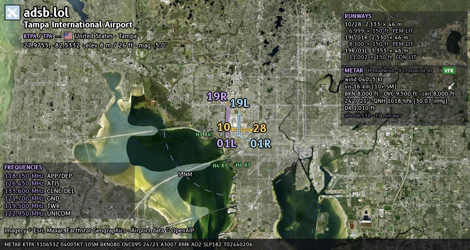 Satellite map with the runway layout of Tampa International Airport (KTPA)