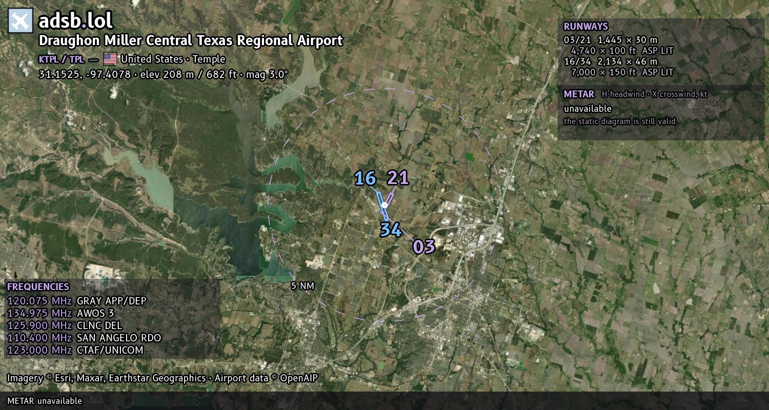 Satellite map with the runway layout of Draughon Miller Central Texas Regional Airport (KTPL)