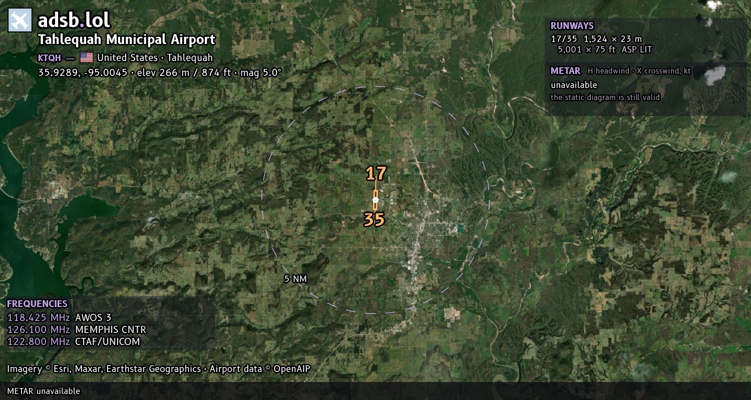 Satellite map with the runway layout of Tahlequah Municipal Airport (KTQH)