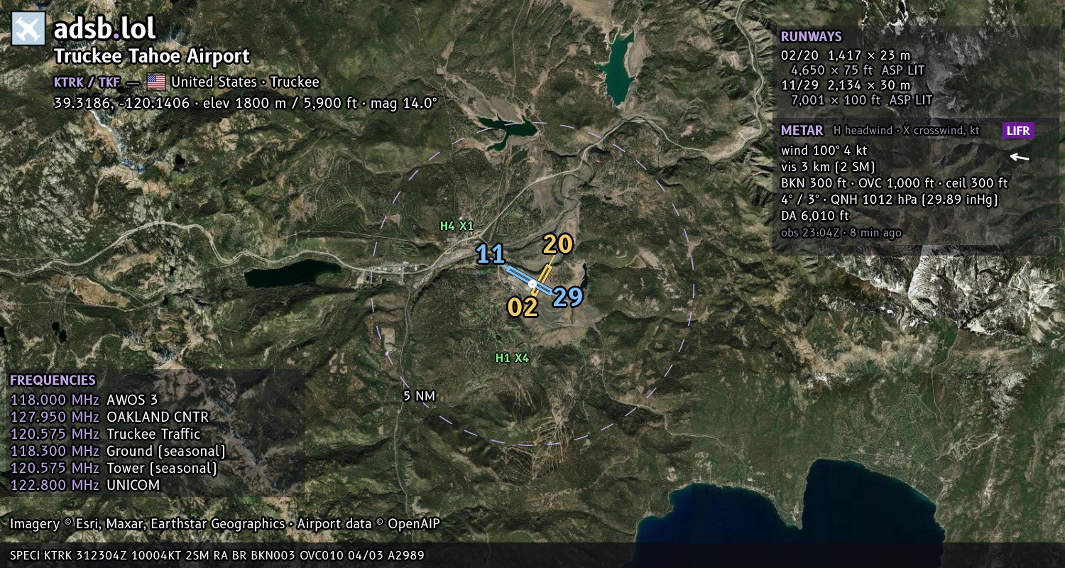 Satellite map with the runway layout of Truckee Tahoe Airport (KTRK)
