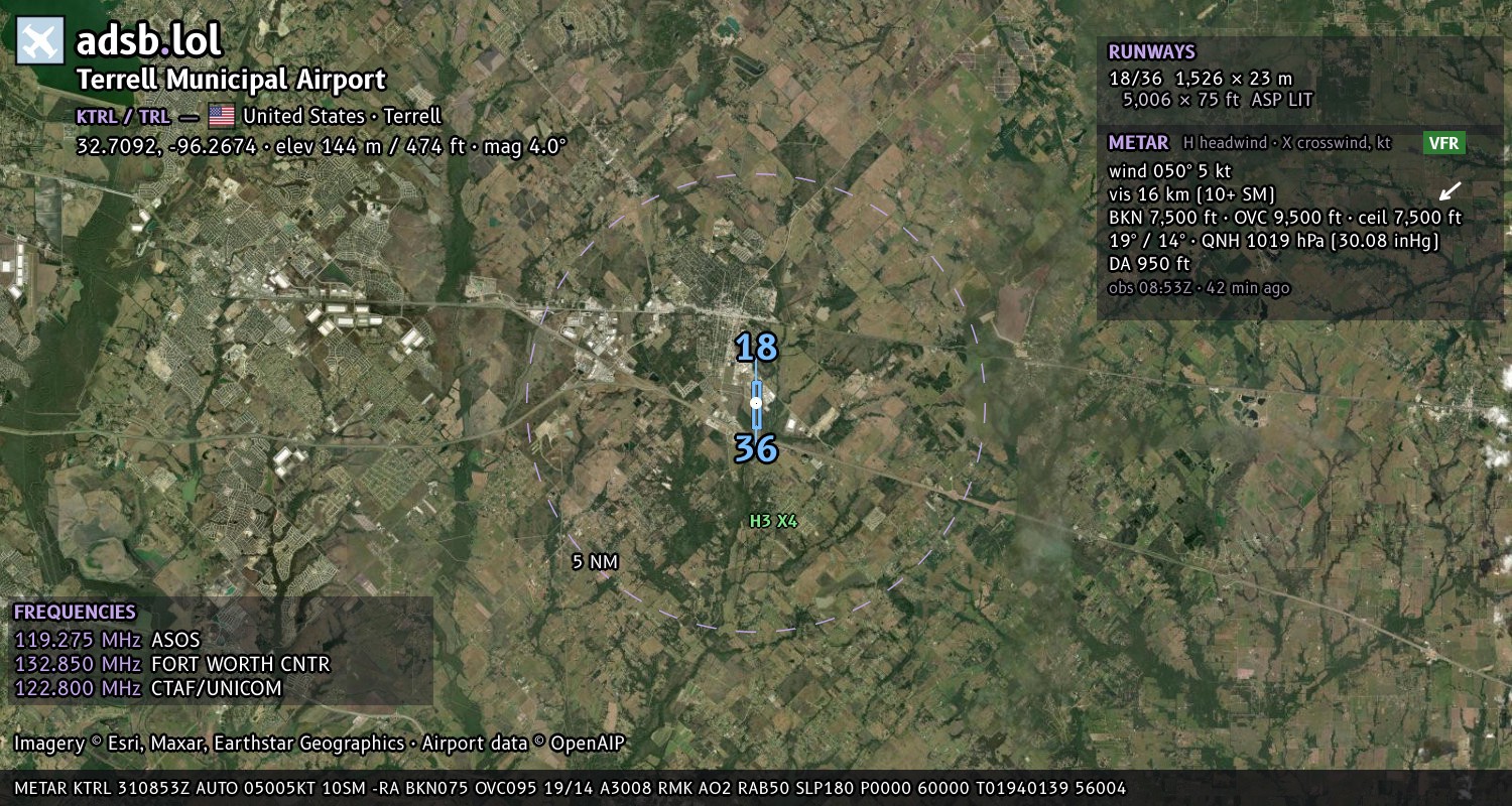 Satellite map with the runway layout of Terrell Municipal Airport (KTRL)