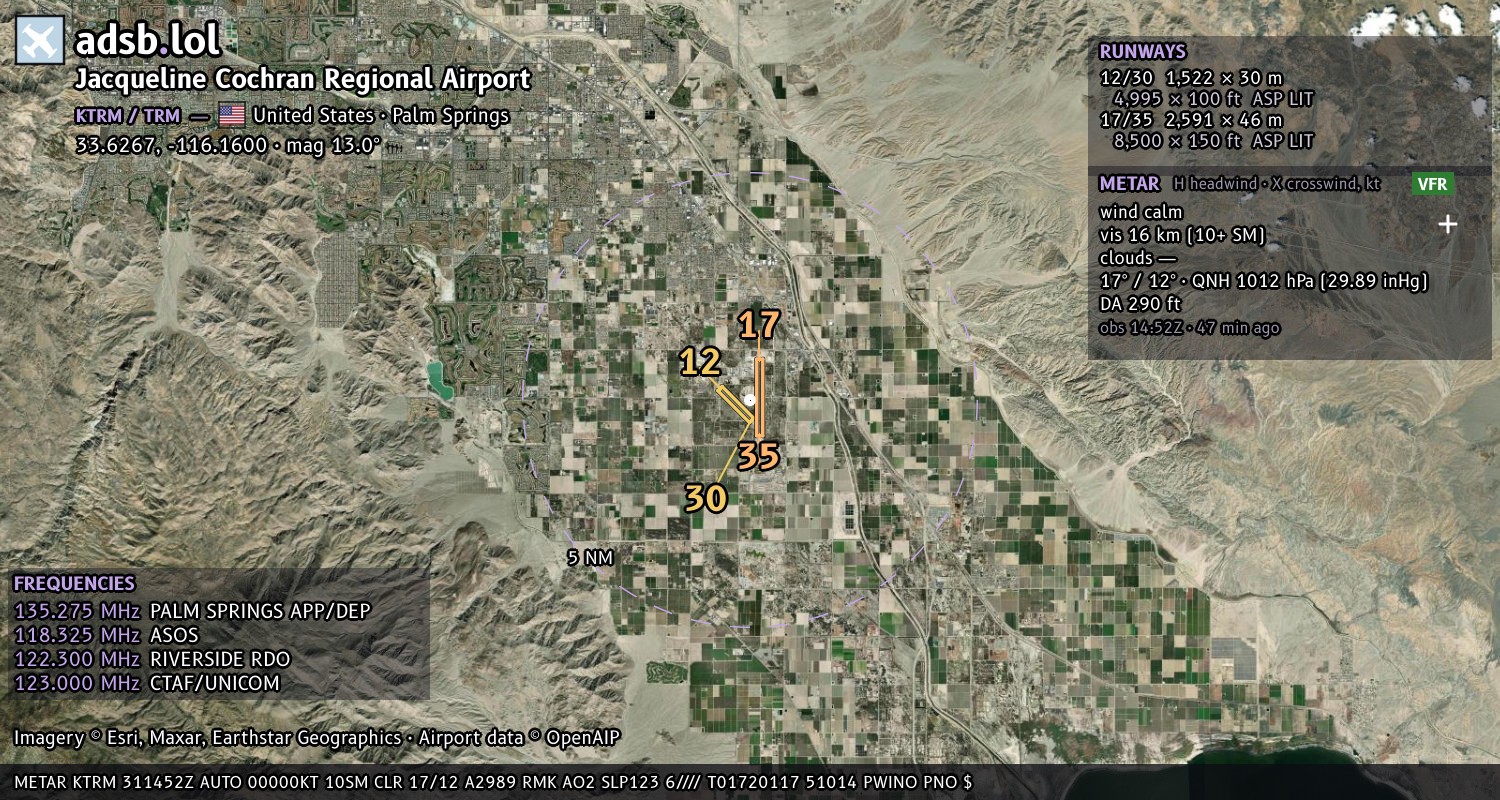 Satellite map with the runway layout of Jacqueline Cochran Regional Airport (KTRM)
