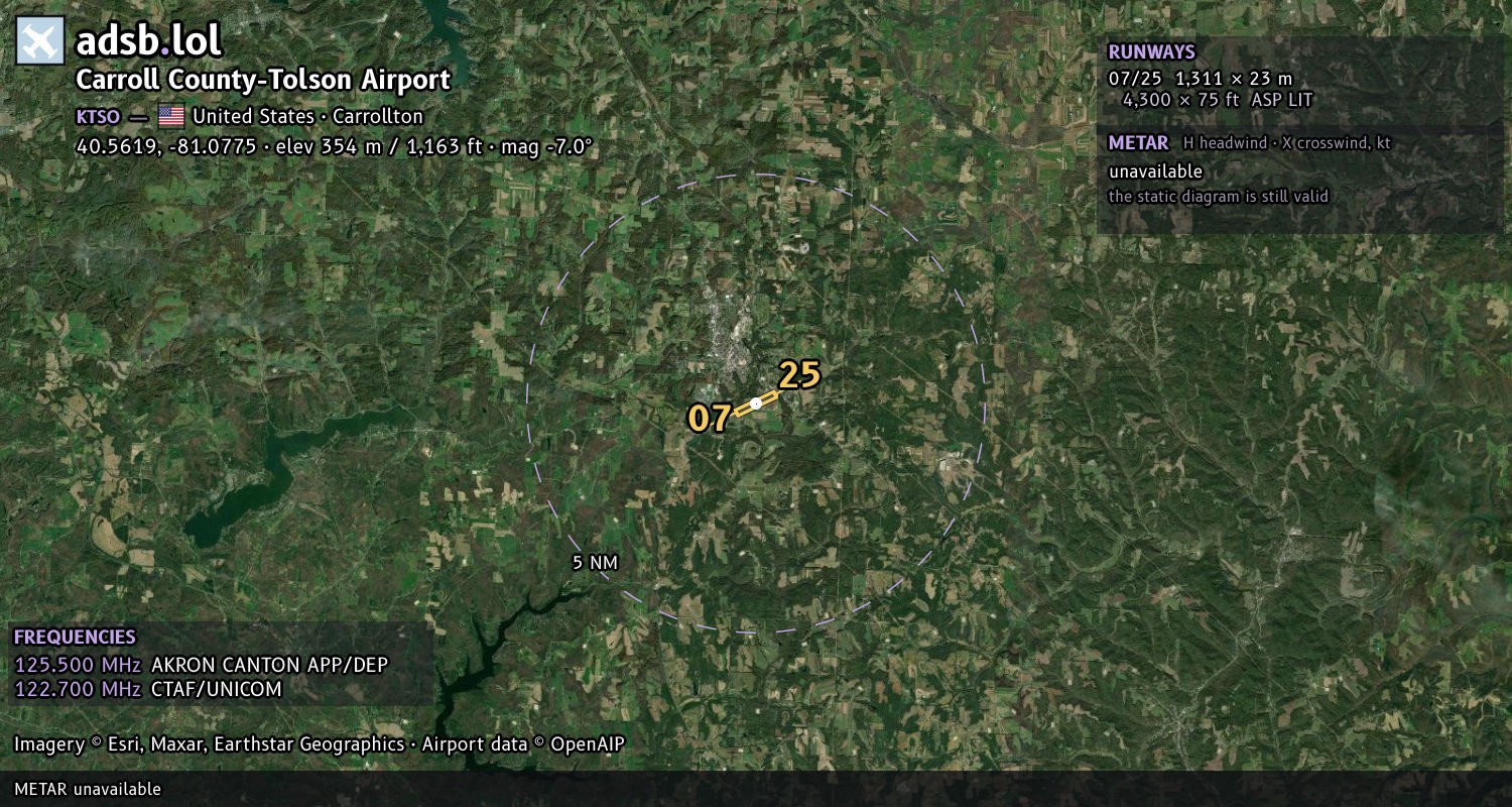 Satellite map with the runway layout of Carroll County-Tolson Airport (KTSO)