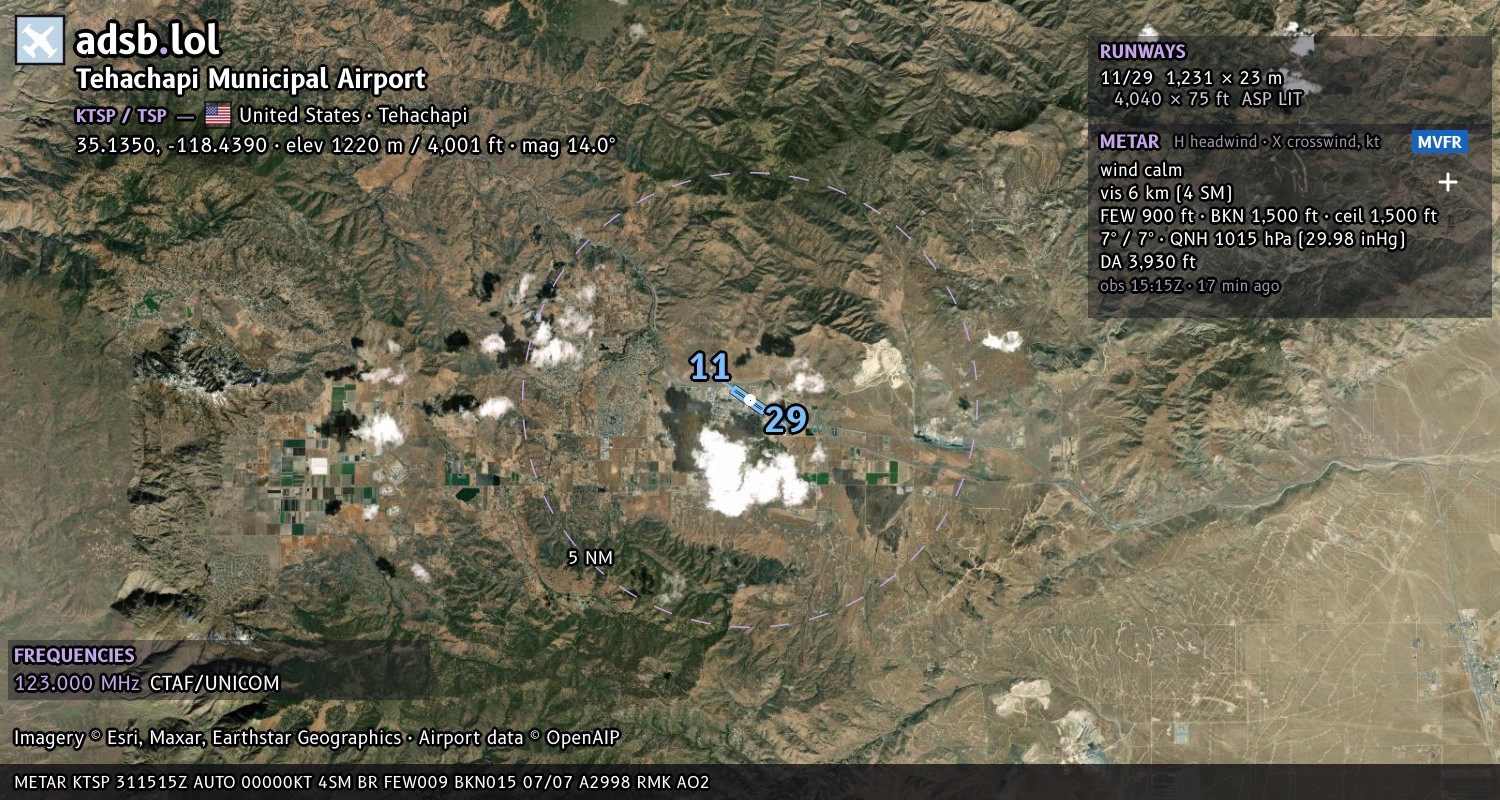 Satellite map with the runway layout of Tehachapi Municipal Airport (KTSP)