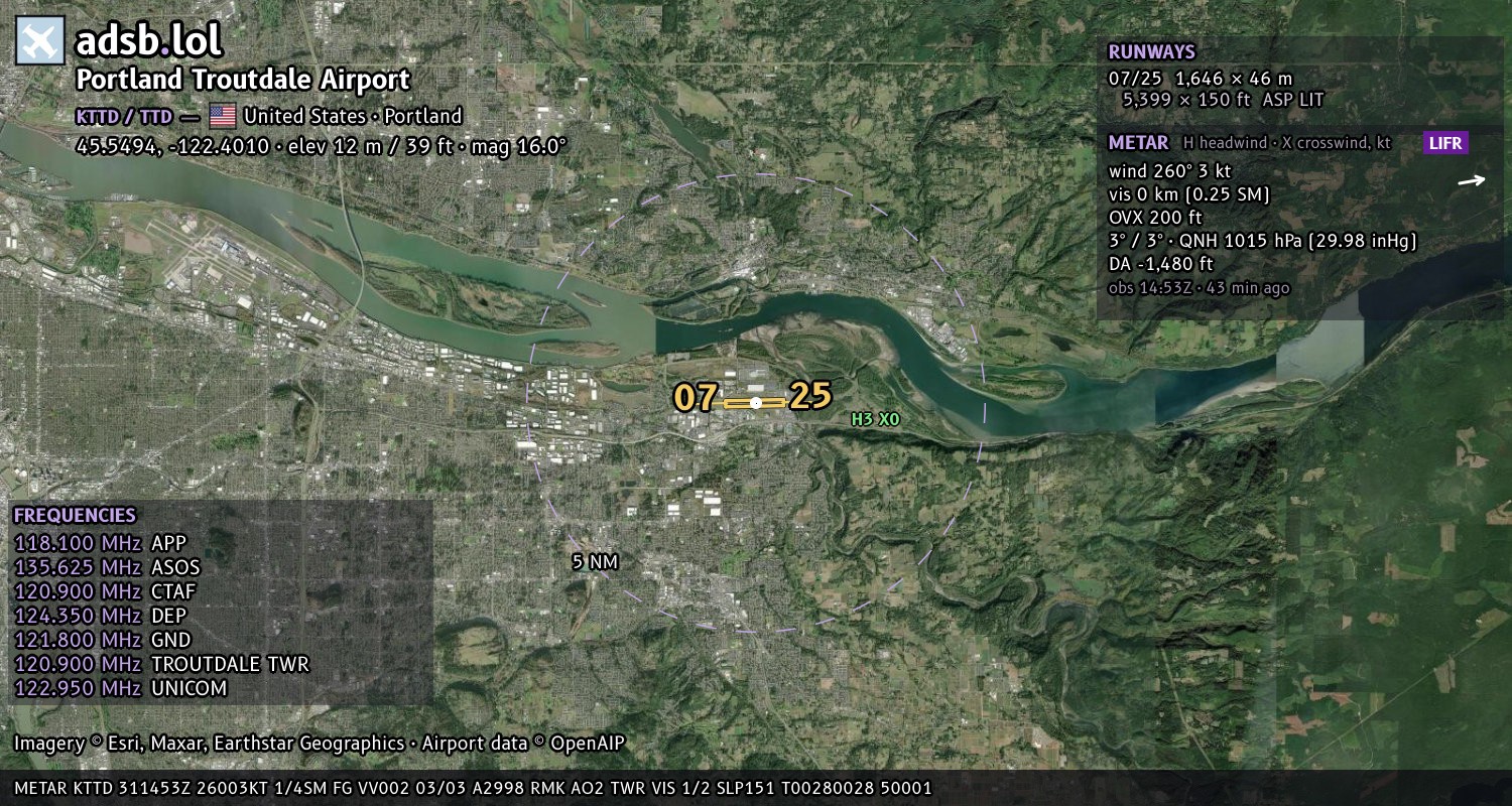 Satellite map with the runway layout of Portland Troutdale Airport (KTTD)