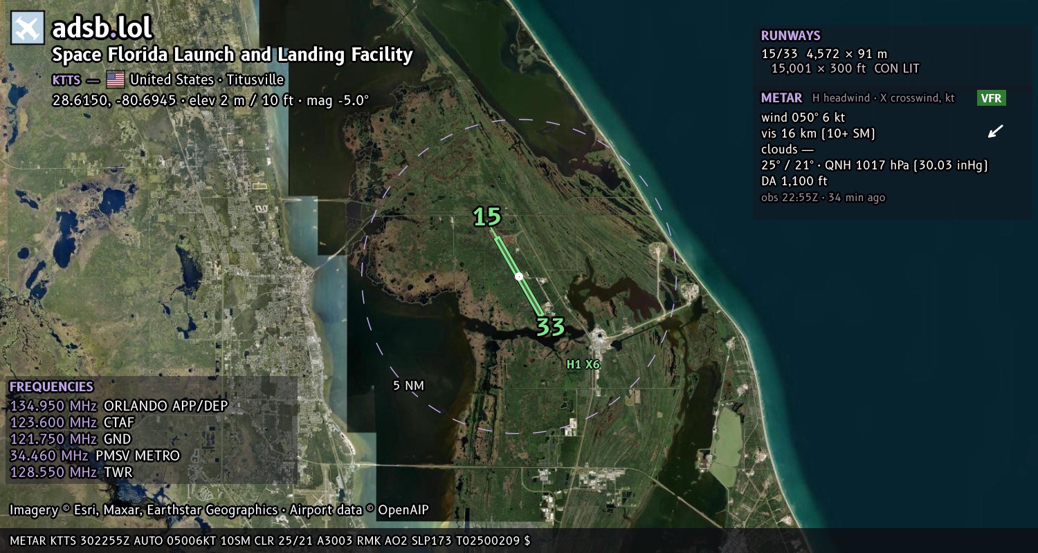 Satellite map with the runway layout of Space Florida Launch and Landing Facility (KTTS)