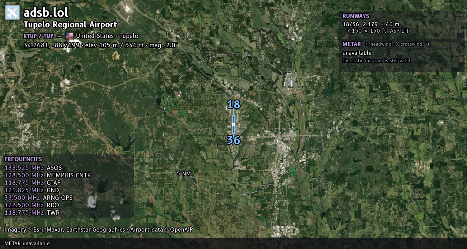 Satellite map with the runway layout of Tupelo Regional Airport (KTUP)