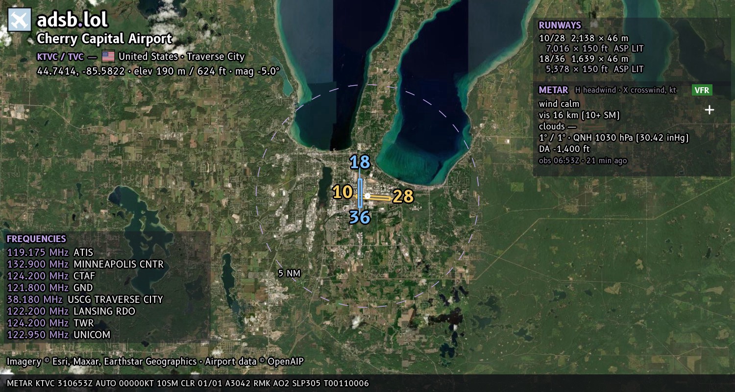 Satellite map with the runway layout of Cherry Capital Airport (KTVC)