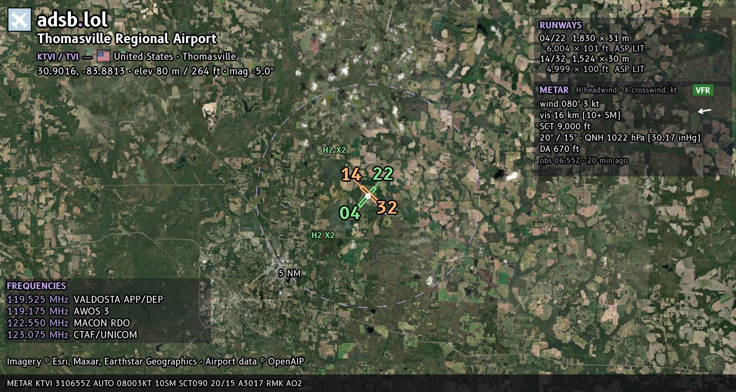 Satellite map with the runway layout of Thomasville Regional Airport (KTVI)