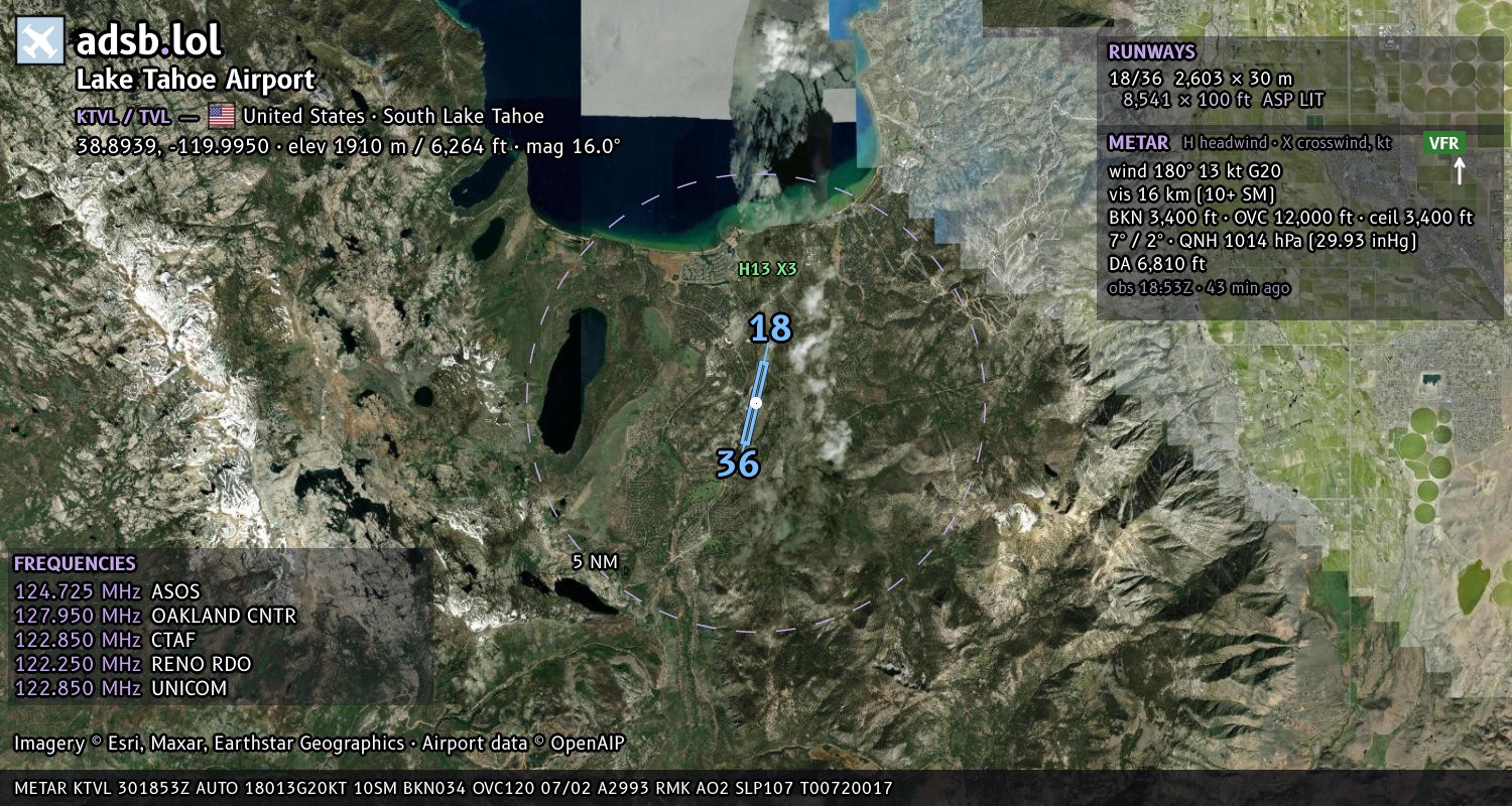 Satellite map with the runway layout of Lake Tahoe Airport (KTVL)