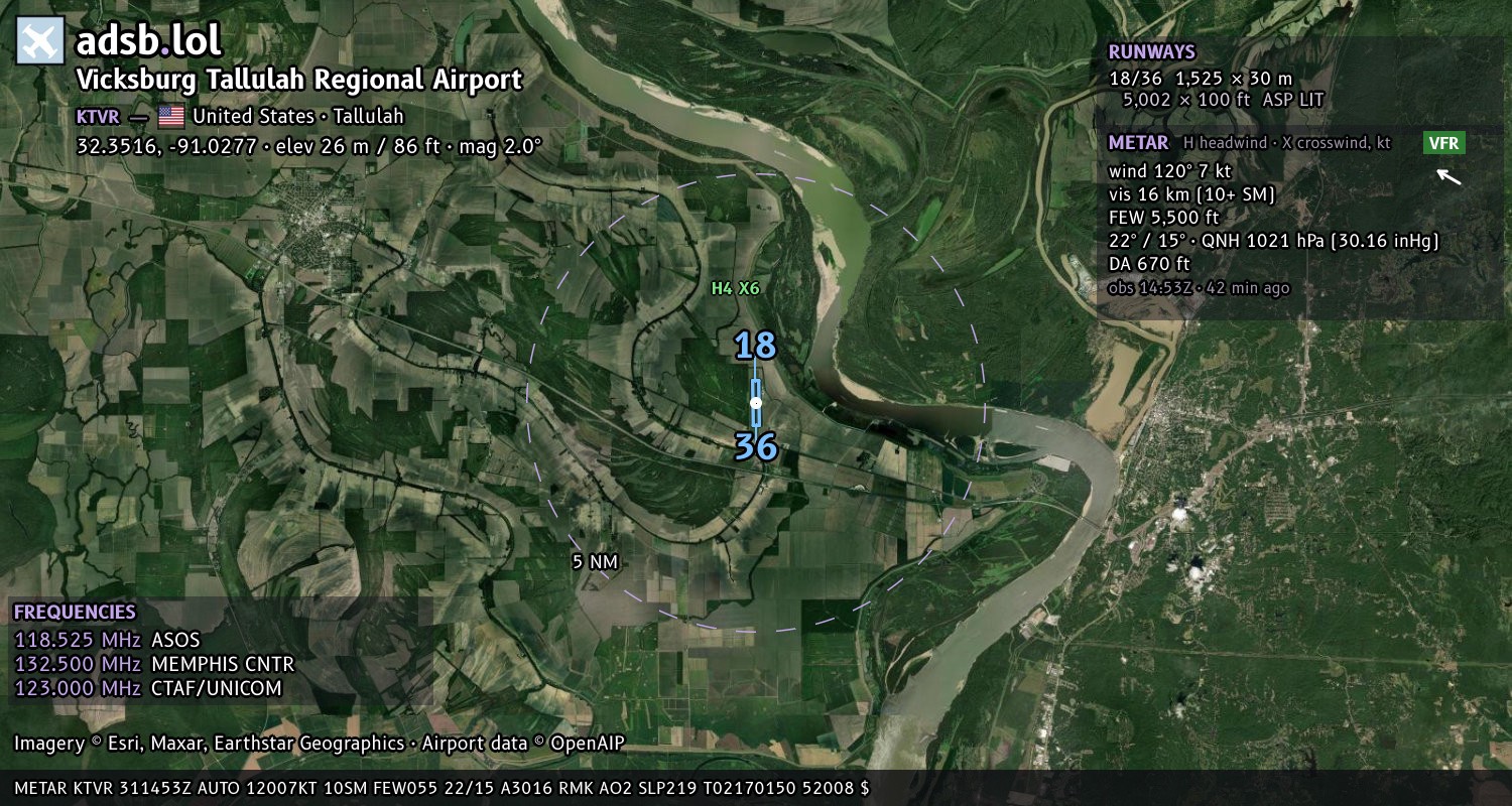 Satellite map with the runway layout of Vicksburg Tallulah Regional Airport (KTVR)