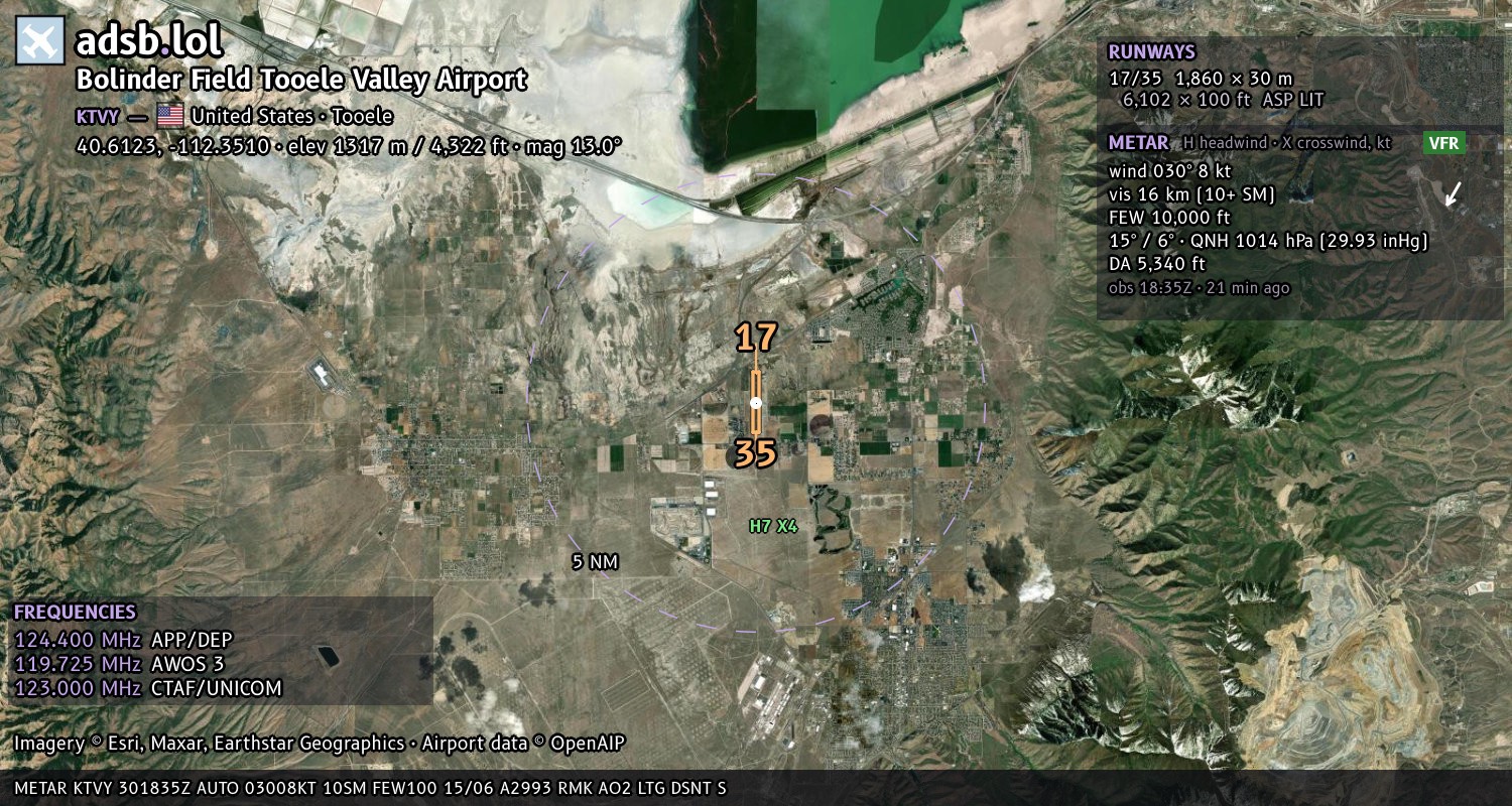 Satellite map with the runway layout of Bolinder Field Tooele Valley Airport (KTVY)