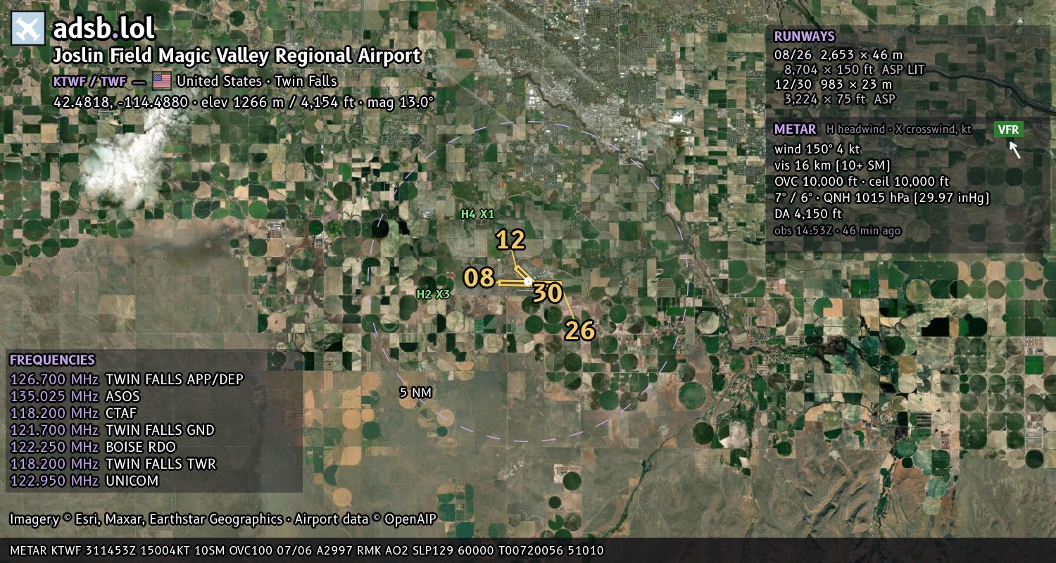 Satellite map with the runway layout of Joslin Field Magic Valley Regional Airport (KTWF)