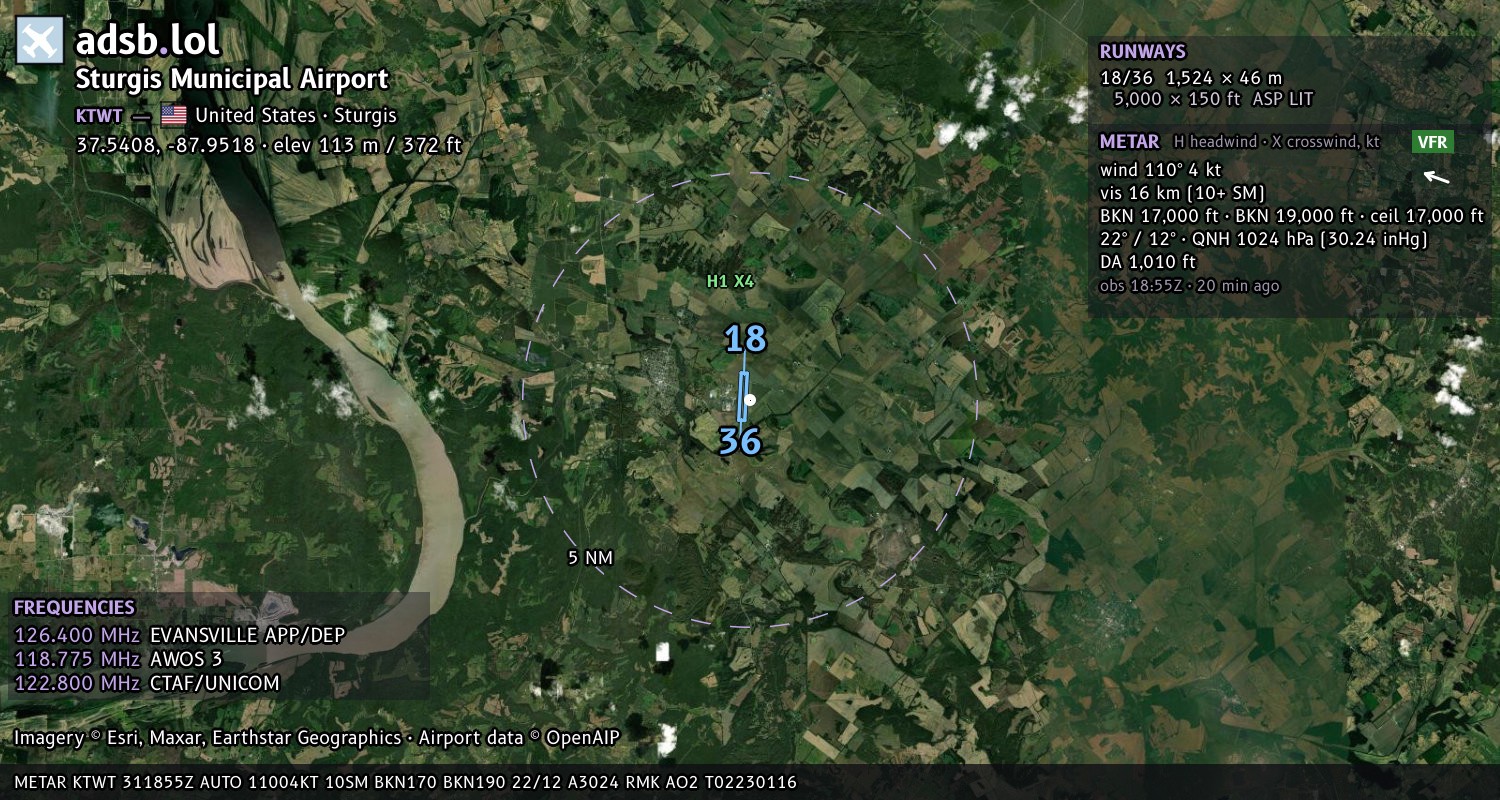 Satellite map with the runway layout of Sturgis Municipal Airport (KTWT)