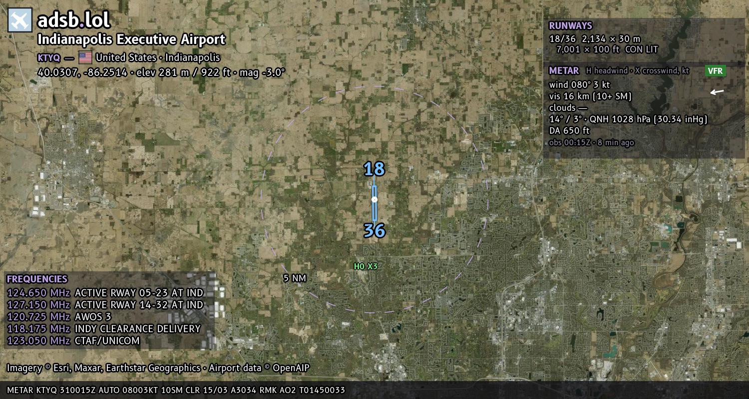 Satellite map with the runway layout of Indianapolis Executive Airport (KTYQ)