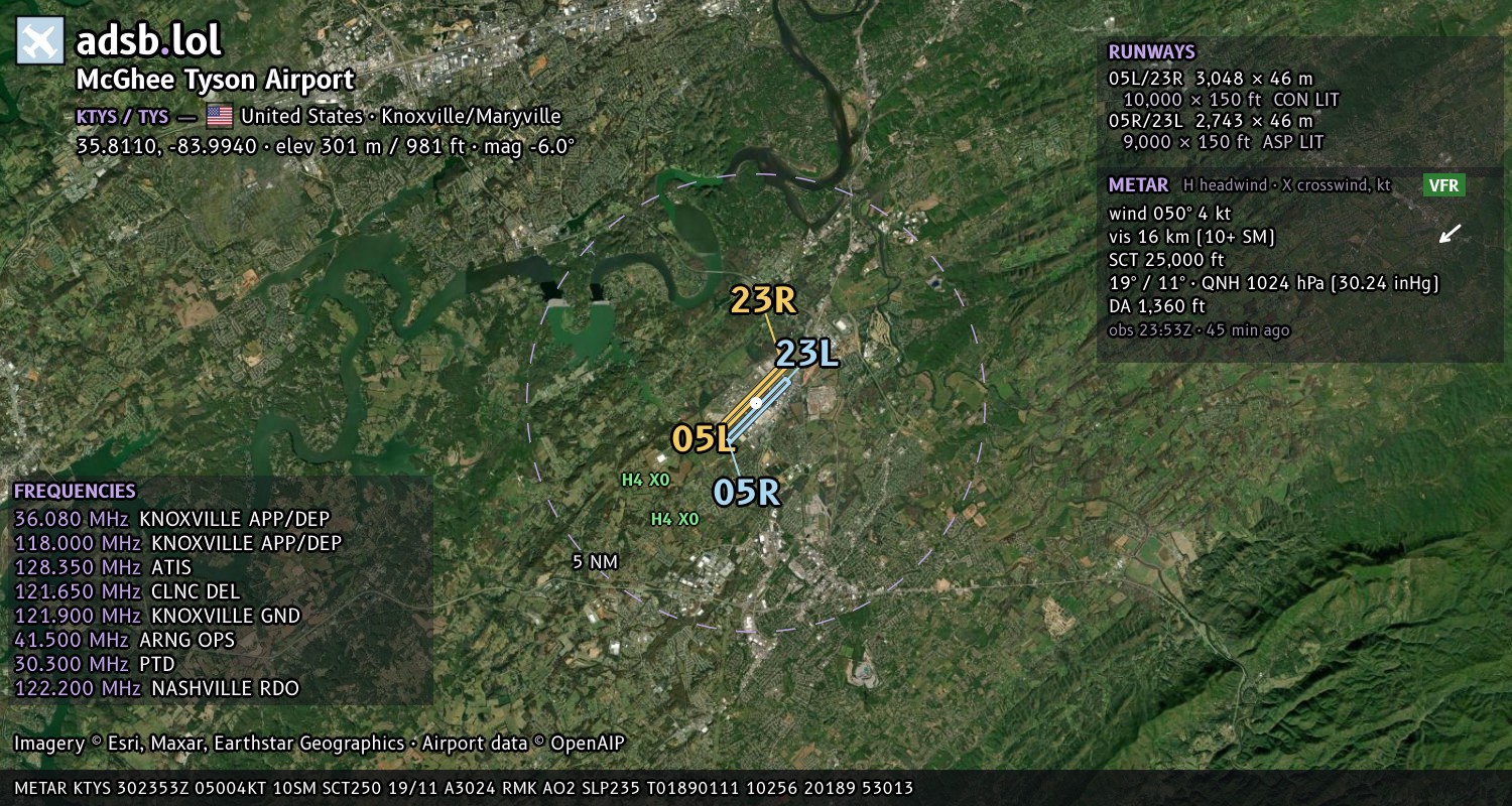 Satellite map with the runway layout of McGhee Tyson Airport (KTYS)
