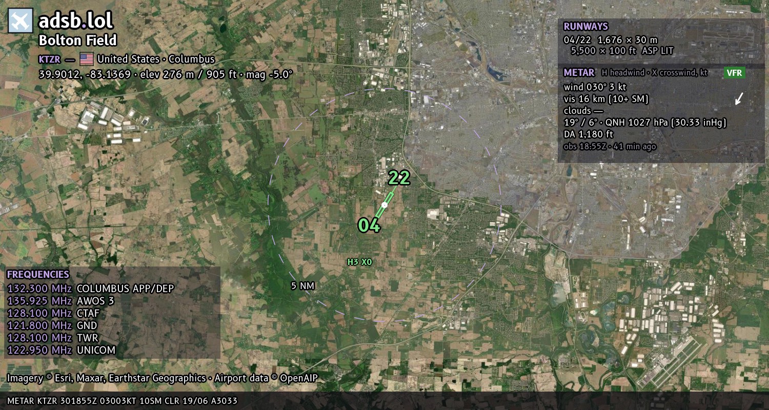 Satellite map with the runway layout of Bolton Field (KTZR)