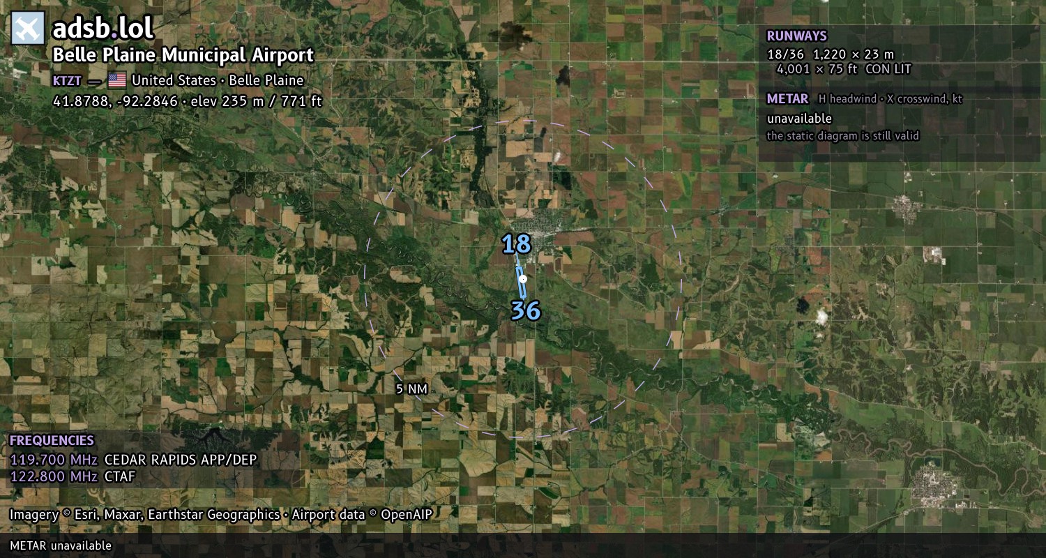 Satellite map with the runway layout of Belle Plaine Municipal Airport (KTZT)