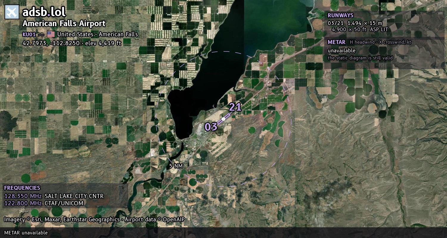 Satellite map with the runway layout of American Falls Airport (KU01)
