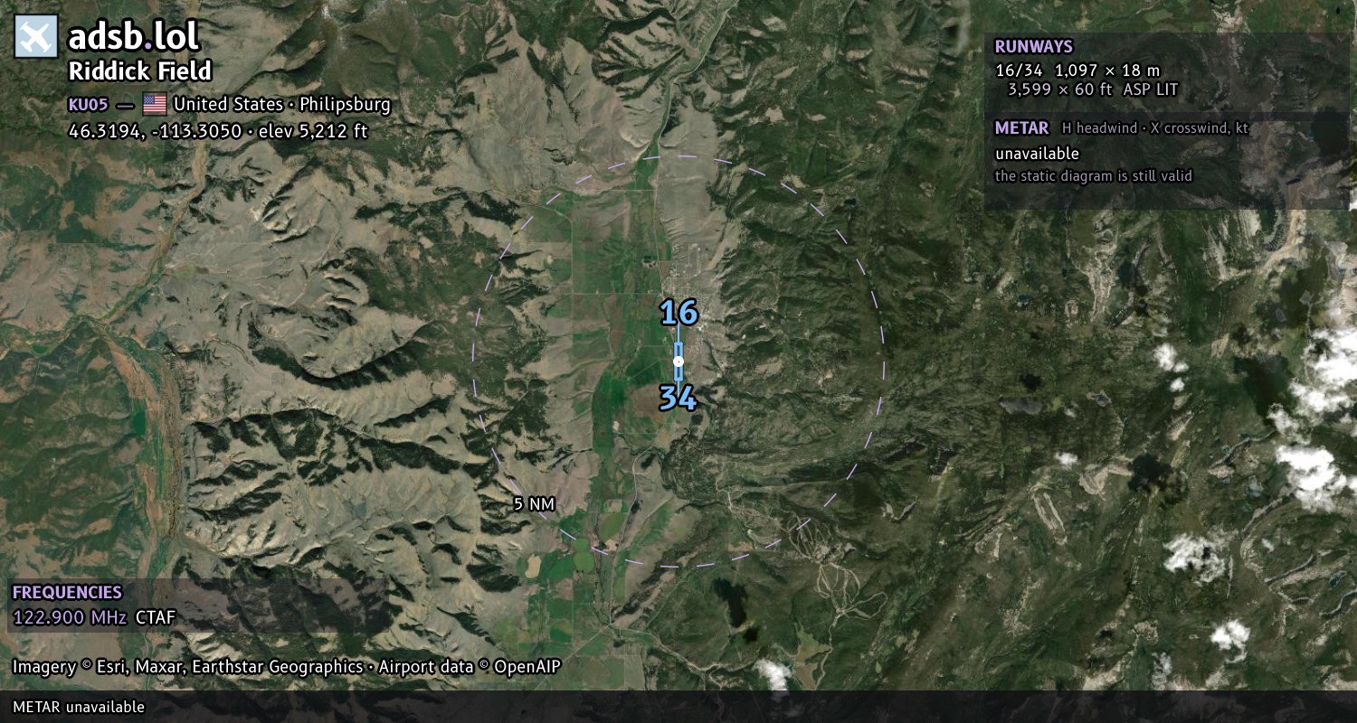Satellite map with the runway layout of Riddick Field (KU05)