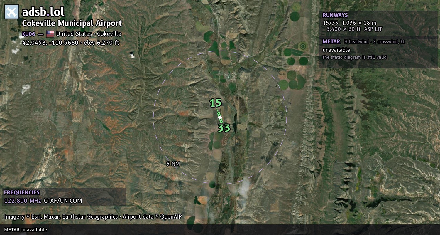 Satellite map with the runway layout of Cokeville Municipal Airport (KU06)