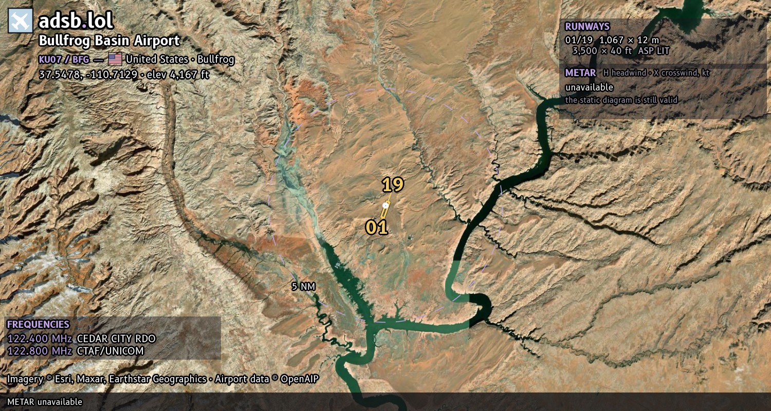 Satellite map with the runway layout of Bullfrog Basin Airport (KU07)