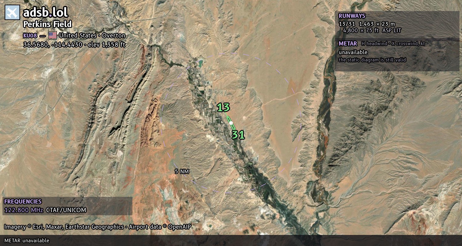 Satellite map with the runway layout of Perkins Field (KU08)
