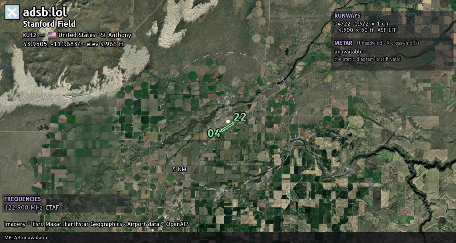 Satellite map with the runway layout of Stanford Field (KU12)