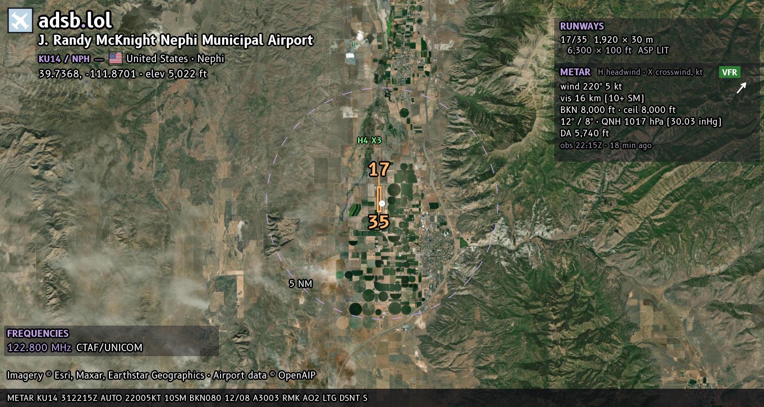 Satellite map with the runway layout of J. Randy McKnight Nephi Municipal Airport (KU14)