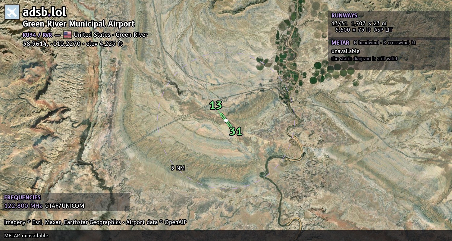 Satellite map with the runway layout of Green River Municipal Airport (KU34)