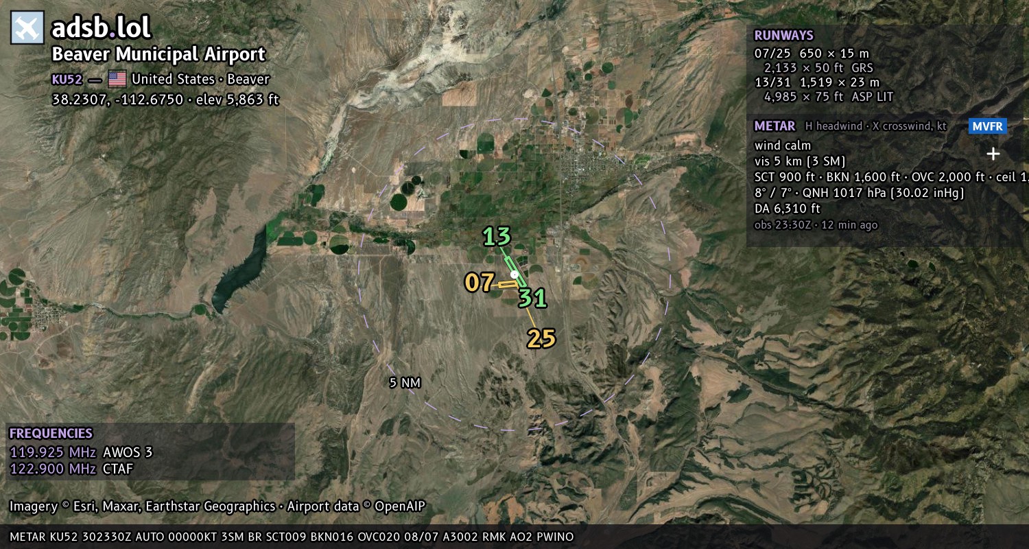 Satellite map with the runway layout of Beaver Municipal Airport (KU52)