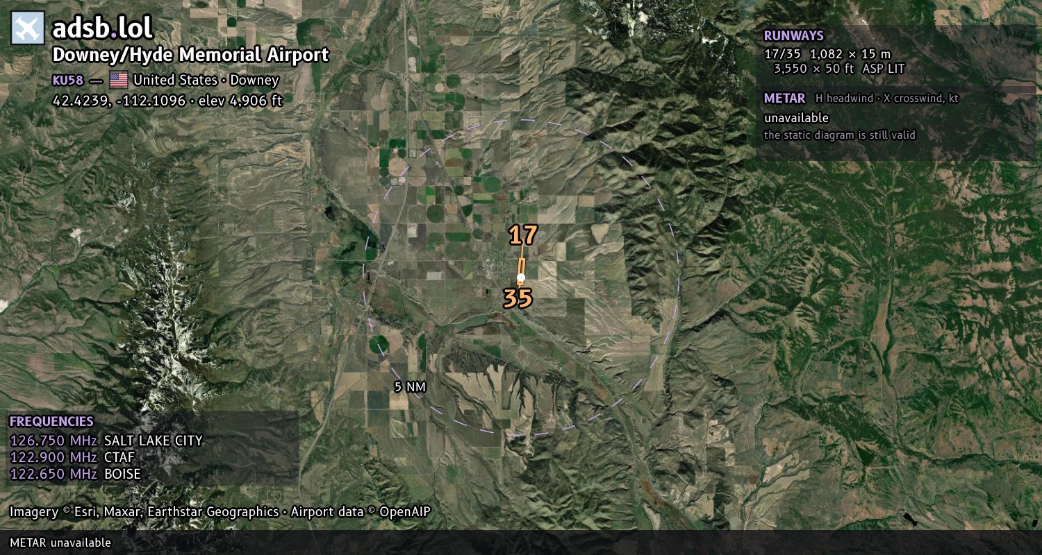 Satellite map with the runway layout of Downey/Hyde Memorial Airport (KU58)