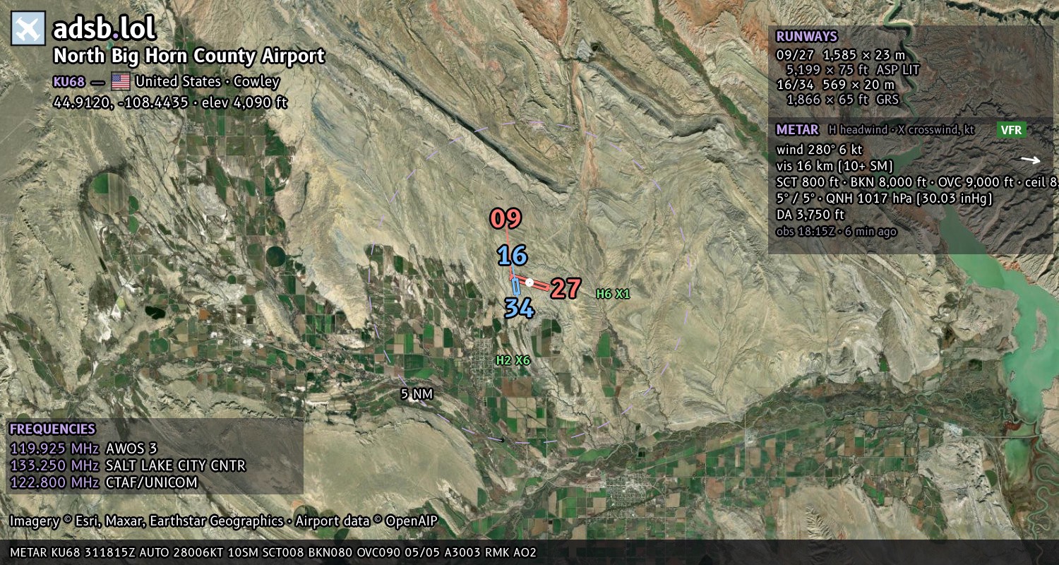 Satellite map with the runway layout of North Big Horn County Airport (KU68)