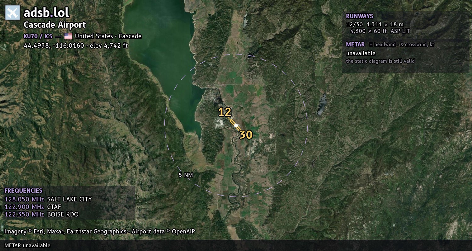 Satellite map with the runway layout of Cascade Airport (KU70)