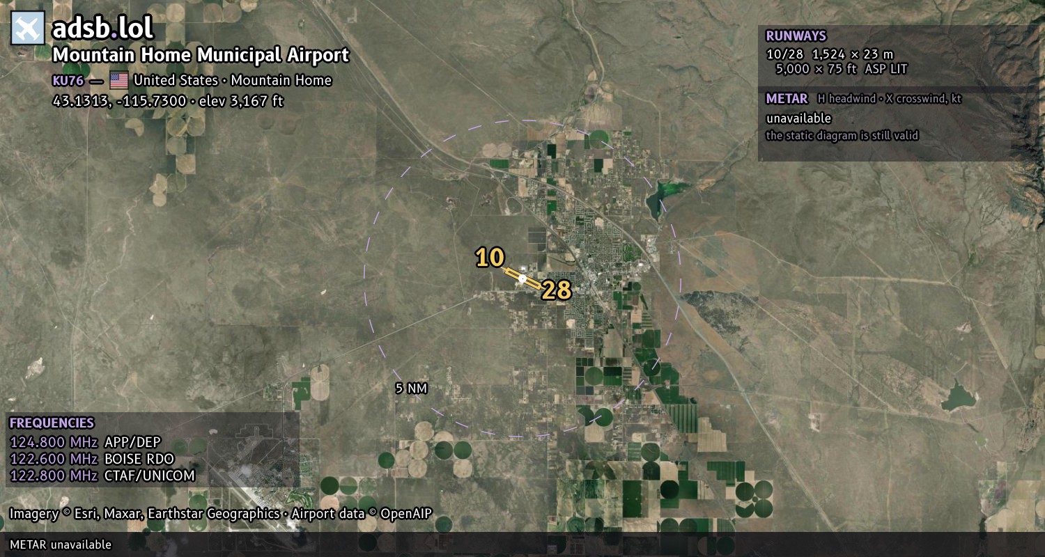 Satellite map with the runway layout of Mountain Home Municipal Airport (KU76)