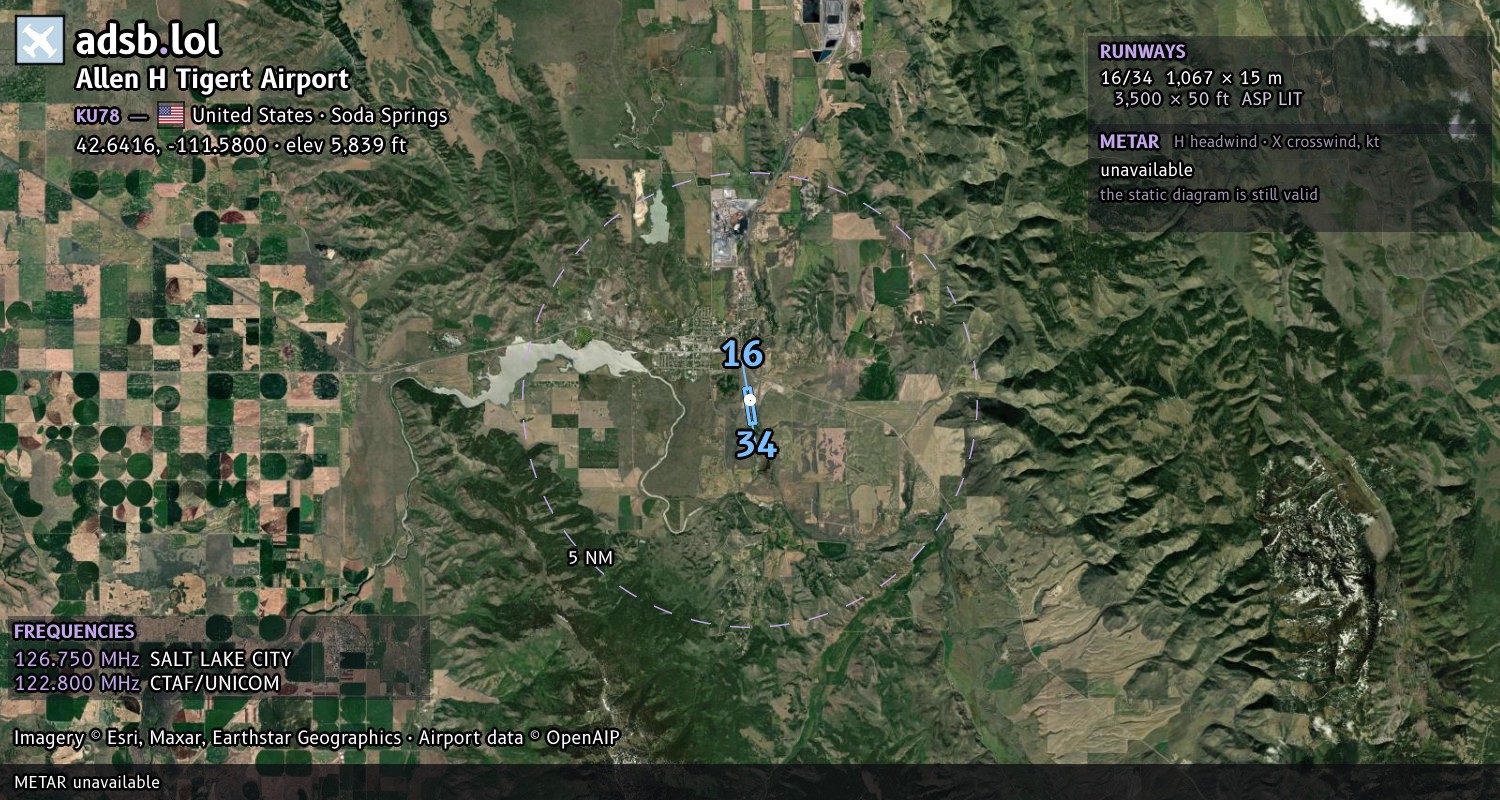 Satellite map with the runway layout of Allen H Tigert Airport (KU78)