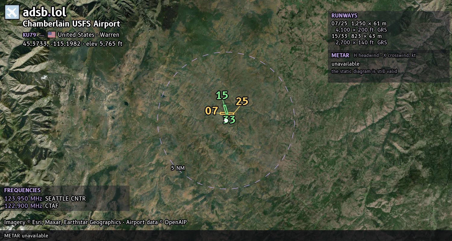 Satellite map with the runway layout of Chamberlain USFS Airport (KU79)