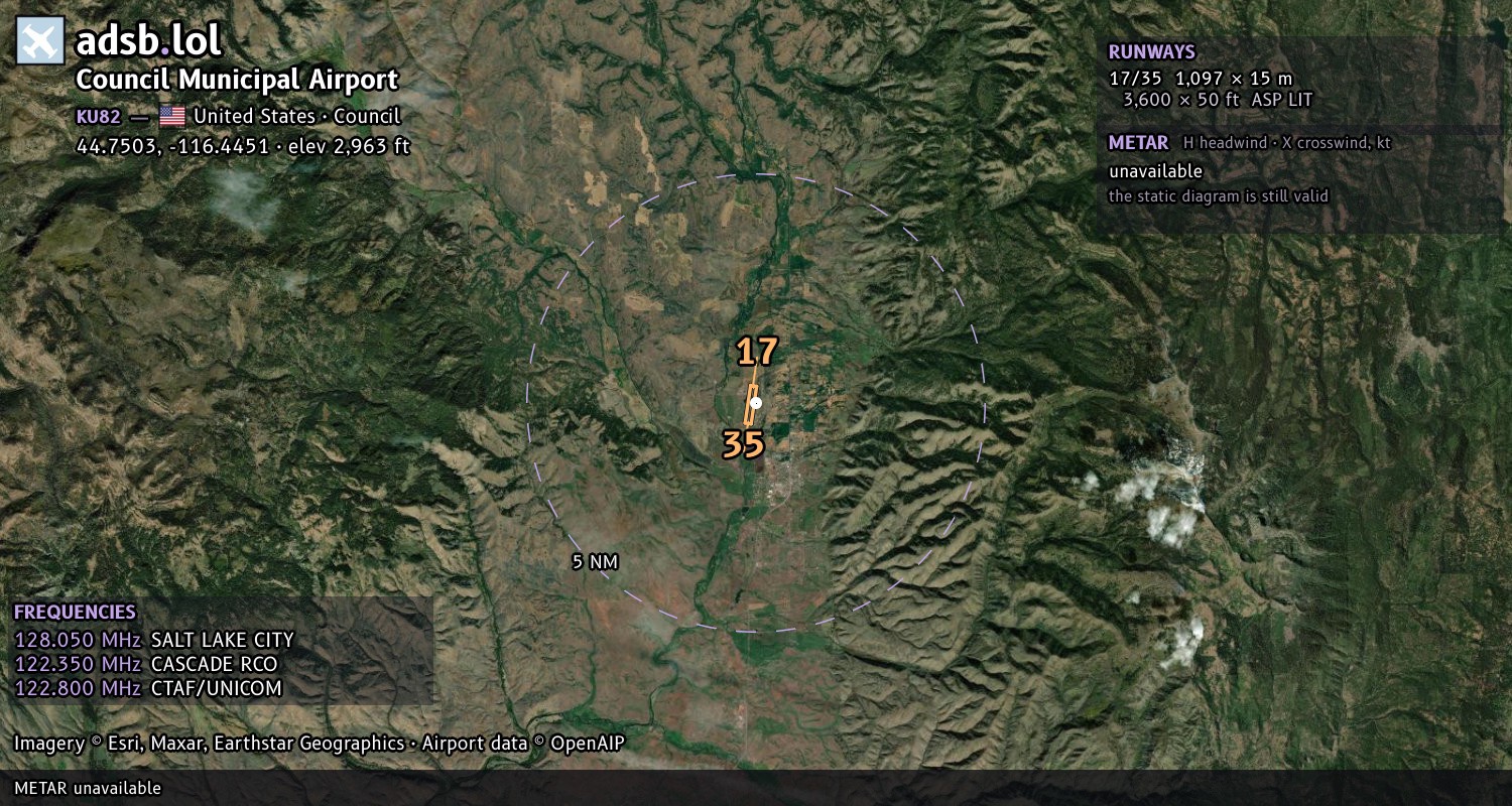 Satellite map with the runway layout of Council Municipal Airport (KU82)