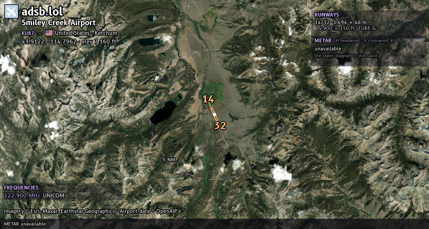 Satellite map with the runway layout of Smiley Creek Airport (KU87)