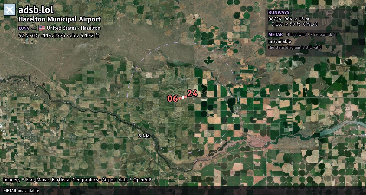 Satellite map with the runway layout of Hazelton Municipal Airport (KU94)